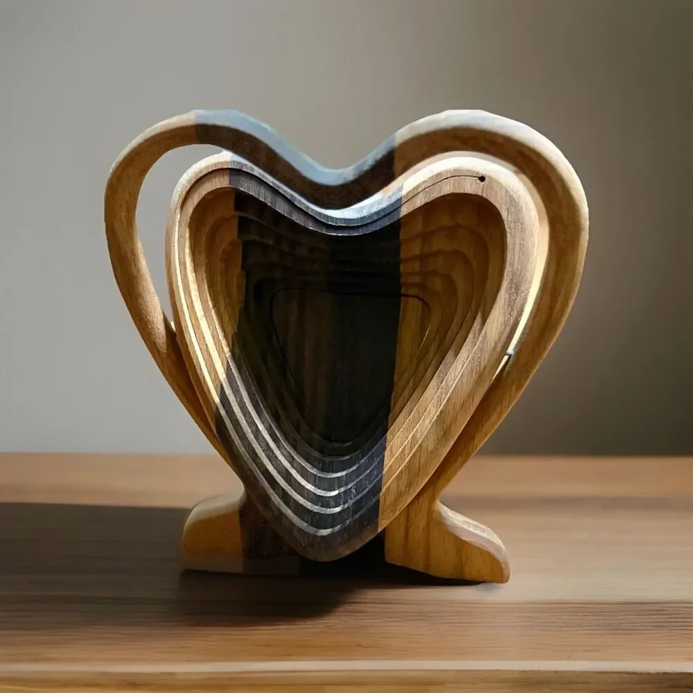 Vintage Mid-Century Accordion Wood Heart Shaped Folding Fruit Basket Trivet Bowl